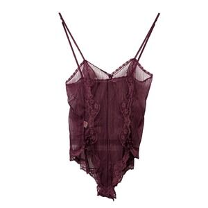 Vintage Blush Sheer Plum Purple Lace Trim Teddy Bodysuit Lingerie Medium